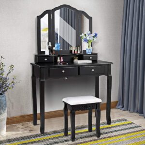 Giantex Vanity Set with Tri-Folding Mirror and 4 Drawers, Makeup Dressing Table with Cushioned Stool for Girls Women, Modern Bedroom Bathroom Makeup Table with Stool (Black)