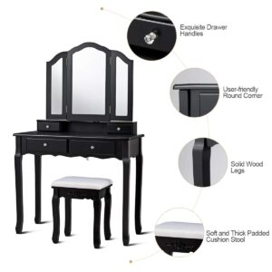 Giantex Vanity Set with Tri-Folding Mirror and 4 Drawers, Makeup Dressing Table with Cushioned Stool for Girls Women, Modern Bedroom Bathroom Makeup Table with Stool (Black)