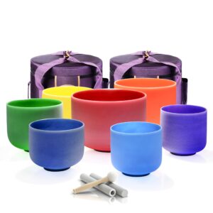 topfund chakra set of 7 color crystal singing bowls 7-12 inch with heavy duty carrying cases and singing bowl mallets