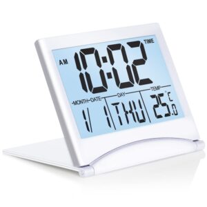 Betus Digital Travel Alarm Clock with White Backlight - Foldable Calendar Temperature Timer LCD Clock with Snooze Mode - Large Number Display, Battery Operated - Compact Desk Clock for All Ages