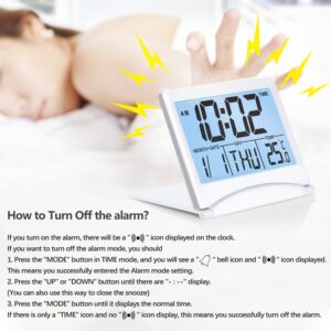 Betus Digital Travel Alarm Clock with White Backlight - Foldable Calendar Temperature Timer LCD Clock with Snooze Mode - Large Number Display, Battery Operated - Compact Desk Clock for All Ages