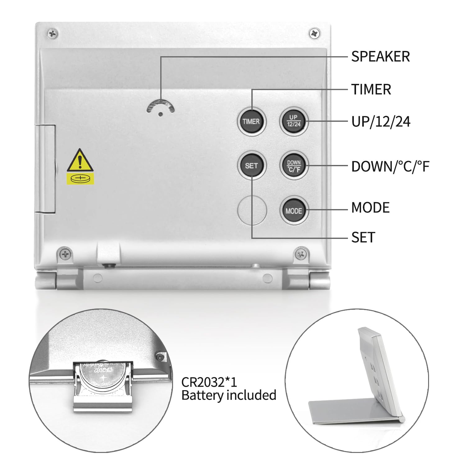 Betus Digital Travel Alarm Clock with White Backlight - Foldable Calendar Temperature Timer LCD Clock with Snooze Mode - Large Number Display, Battery Operated - Compact Desk Clock for All Ages