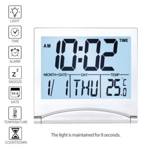 Betus Digital Travel Alarm Clock with White Backlight - Foldable Calendar Temperature Timer LCD Clock with Snooze Mode - Large Number Display, Battery Operated - Compact Desk Clock for All Ages