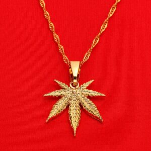 24K Yellow Gold Color Jewelry Cannabis Weed Marijuana Leaf Pendant Necklace