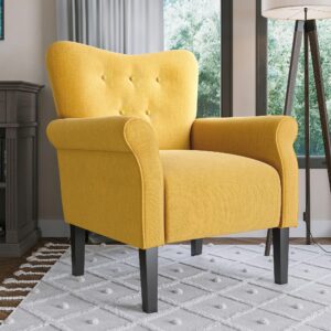 BELLEZE Modern Accent Chair for Living Room, High Back Armchair with Wooden Legs, Upholstered Wingback Chair Padded Armrest Single Sofa Club Chair for Living Room, Bedroom - Allston (Citrine Yellow)