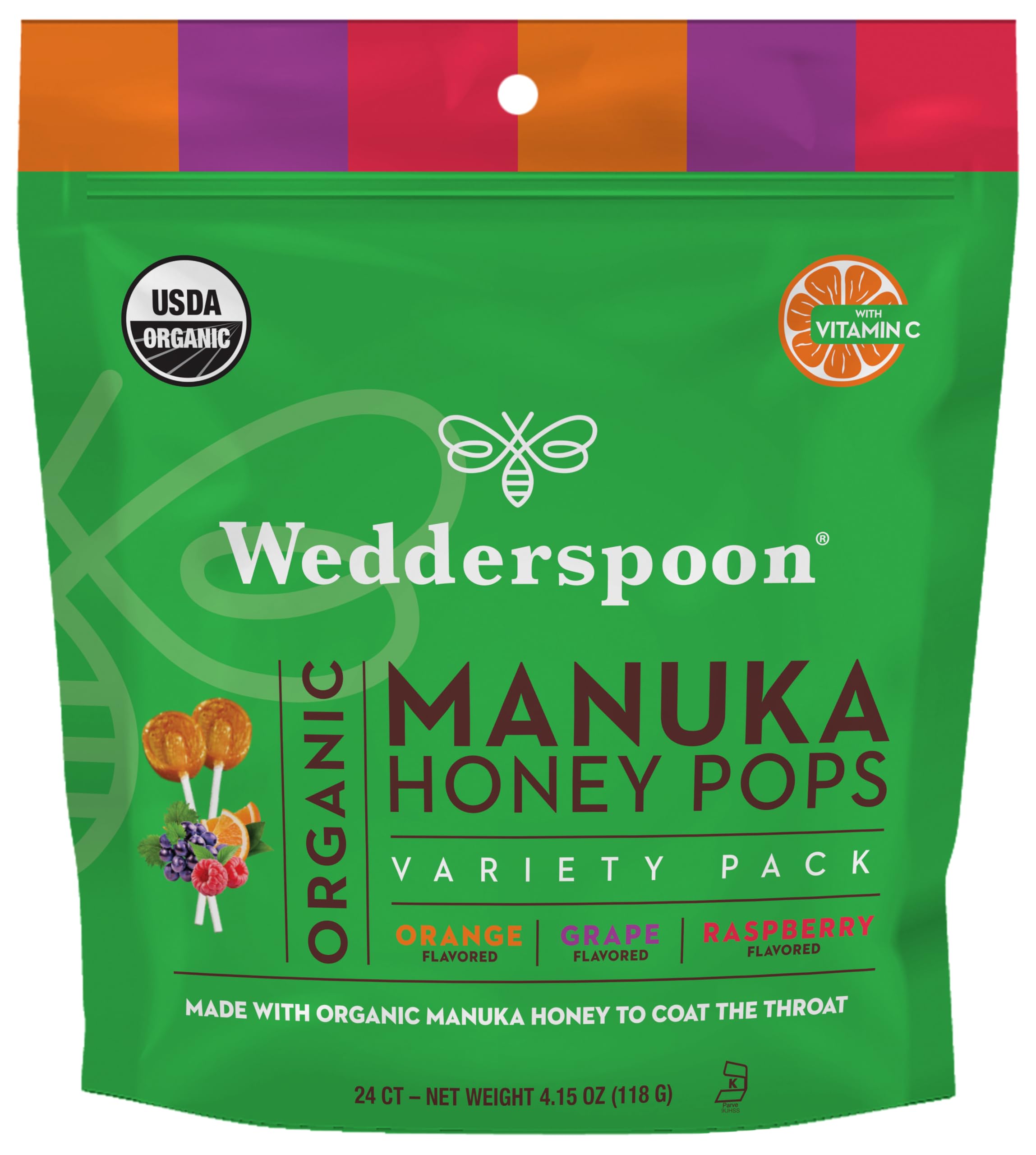 Wedderspoon Organic Manuka Honey Vitamin C Lollipops Variety Pack, 24 Count - No Artificial Flavors or Dye