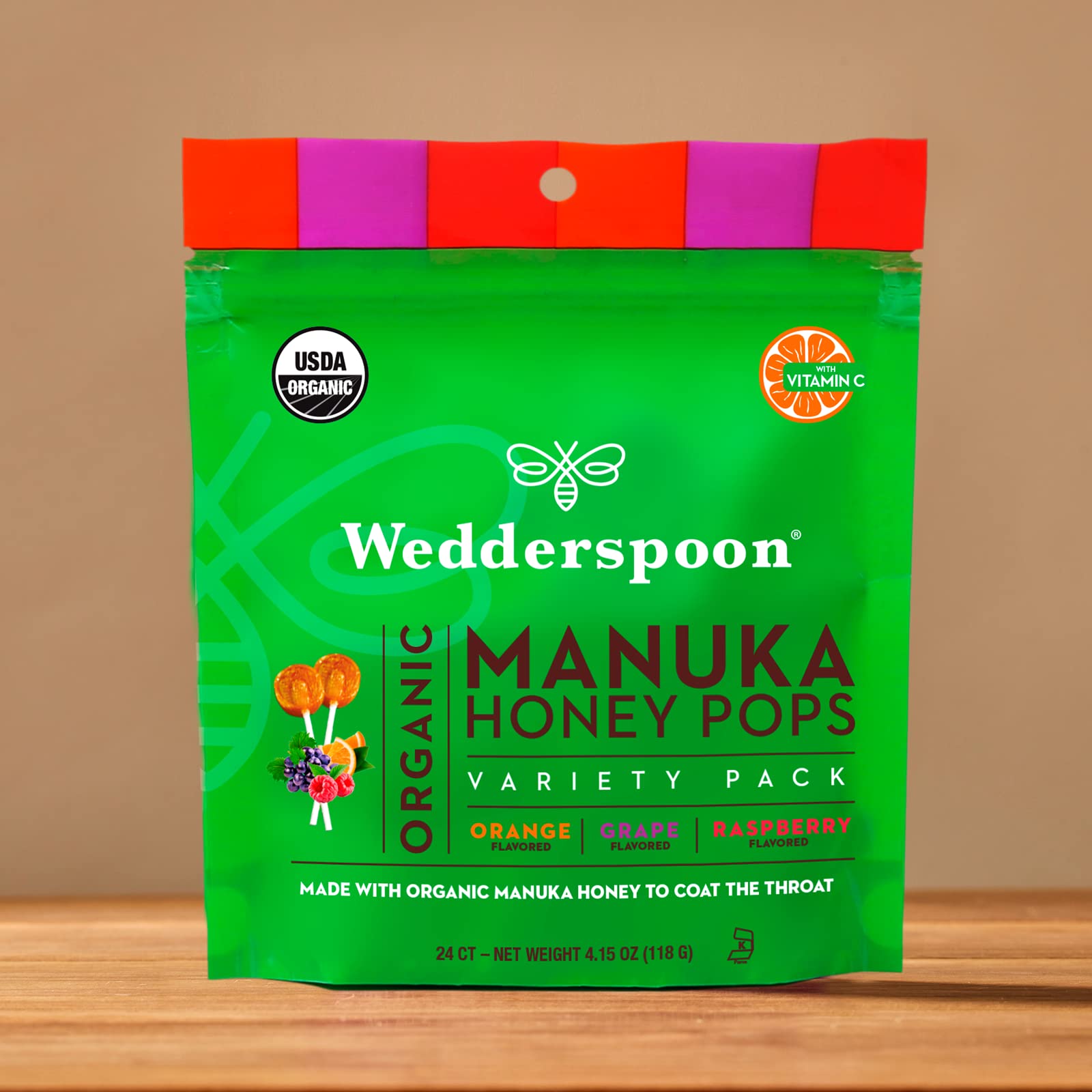 Wedderspoon Organic Manuka Honey Vitamin C Lollipops Variety Pack, 24 Count - No Artificial Flavors or Dye