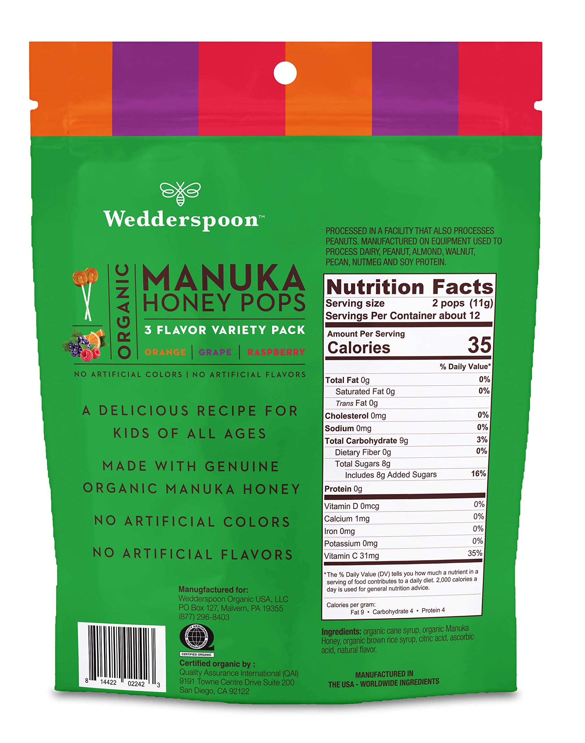 Wedderspoon Organic Manuka Honey Vitamin C Lollipops Variety Pack, 24 Count - No Artificial Flavors or Dye