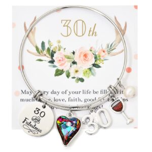 Miss Pink 30th Birthday Jewelry Gifts for Women Stainless Steel Expandable Bangle 30 Year Old Charm Bracelets for Daughter Granddaughter