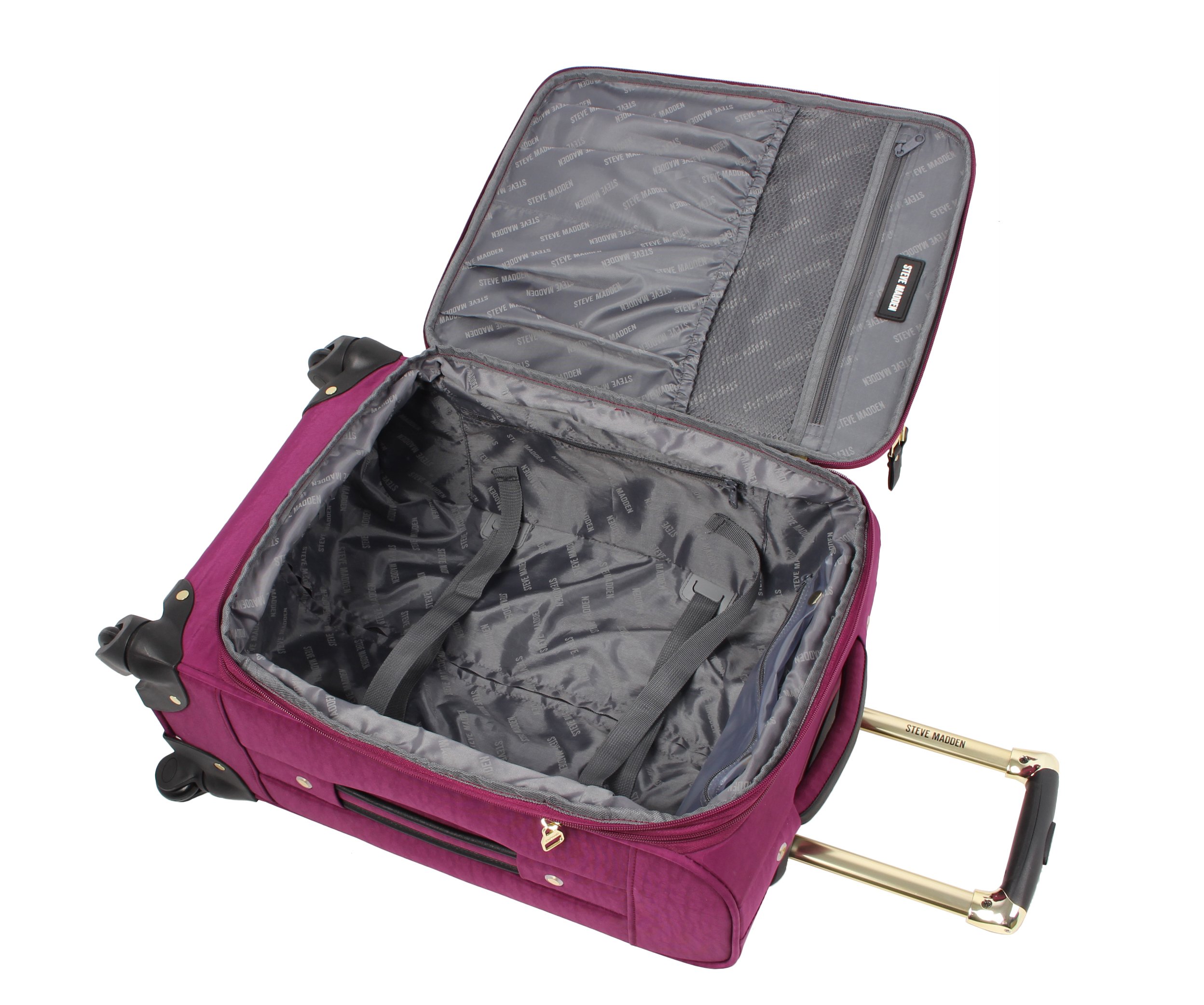 Steve Madden Designer Luggage Collection - Lightweight Softside Expandable Suitcase for Men & Women - Durable 20 Inch Carry On Bag with 4-Rolling Spinner Wheels (Peek-A-Boo Purple)