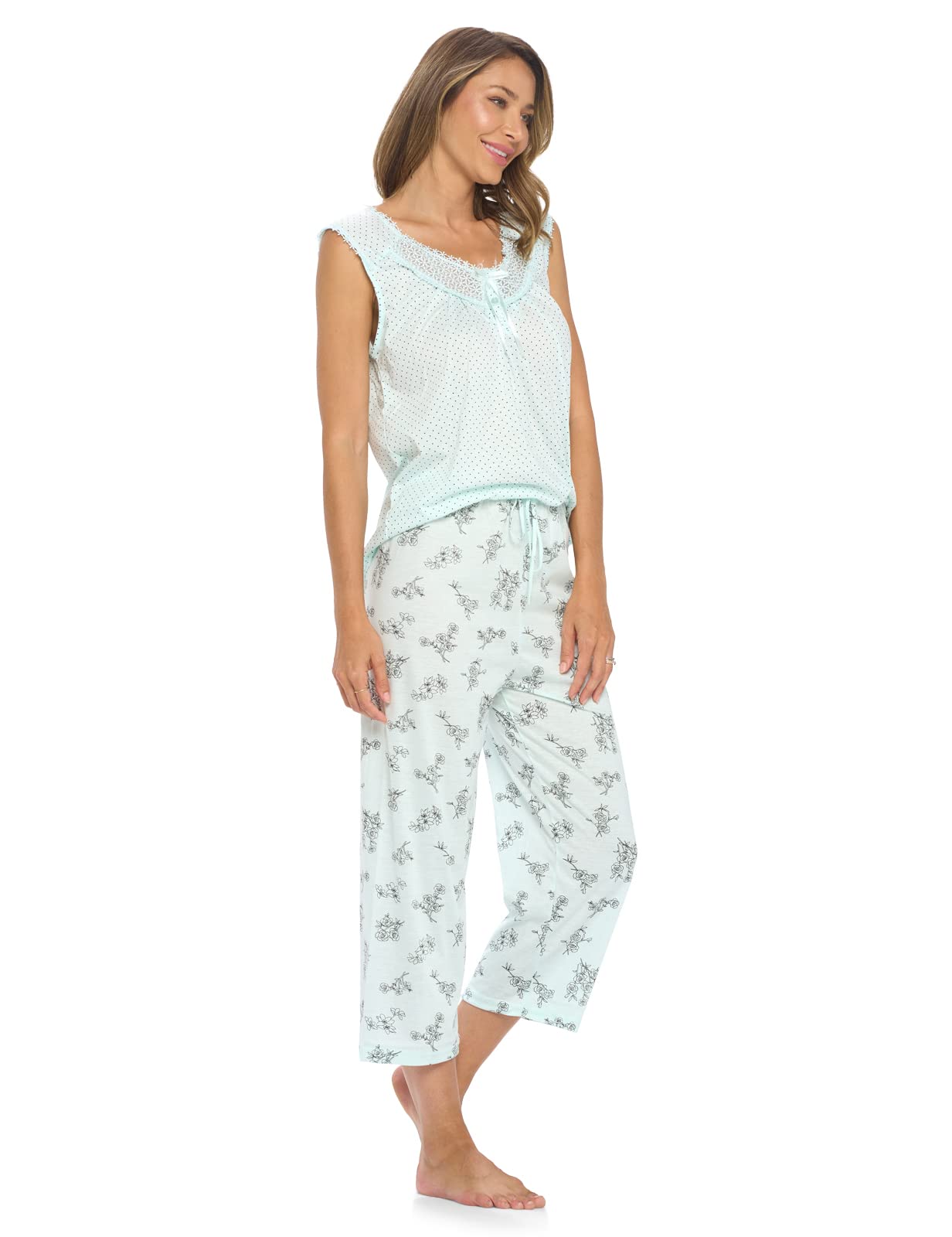 Casual Nights Women's Lace Sleeveless Top and Capri Bottom Sleepwear Pajama Set - Green - 4X-Large