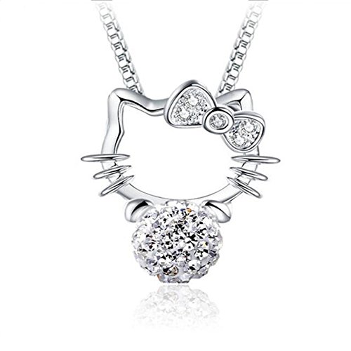 Yihua_Store Cute Real 925 Sterling Silver Cat Pendant Necklace Rhinestone Ball Pendant