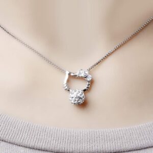 Yihua_Store Cute Real 925 Sterling Silver Cat Pendant Necklace Rhinestone Ball Pendant