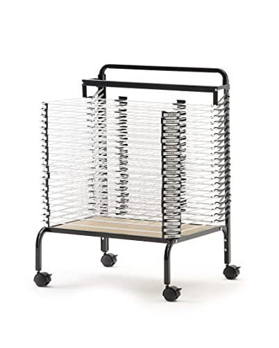 Copernicus Wide 20-Shelf Spring-Loaded Rolling Art Drying Rack for Classrooms and Art Studios, White/Black