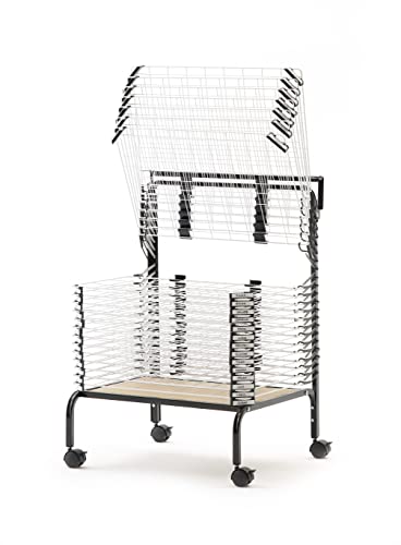 Copernicus Wide 20-Shelf Spring-Loaded Rolling Art Drying Rack for Classrooms and Art Studios, White/Black