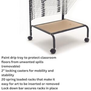 Copernicus Wide 20-Shelf Spring-Loaded Rolling Art Drying Rack for Classrooms and Art Studios, White/Black