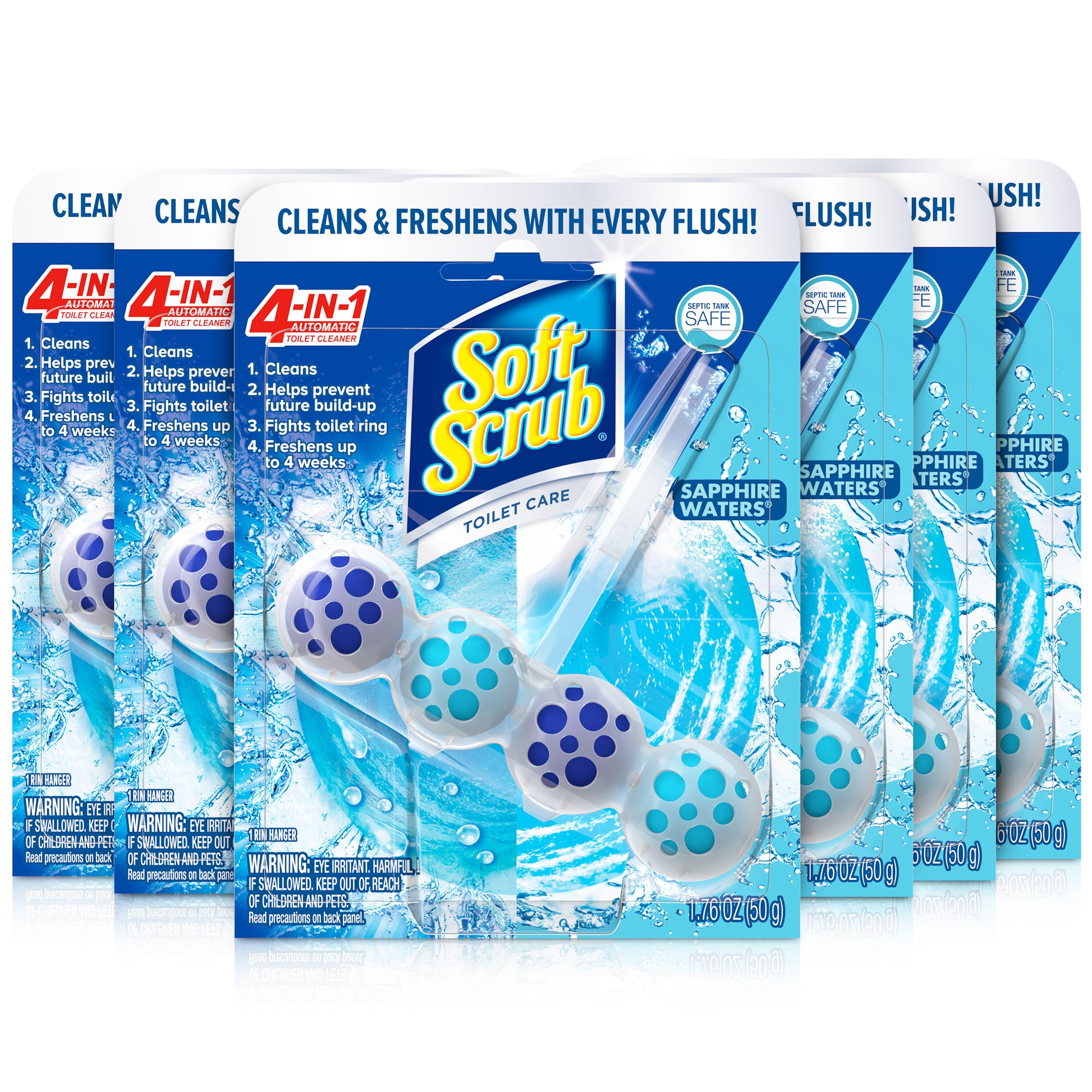 Soft Scrub 4-in-1 Rim Hanger Toilet Bowl Cleaner, Sapphire Waters, 6 Count