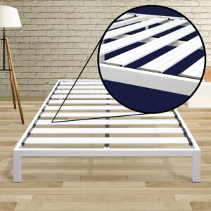 Mellow Rocky Base C 14" Platform Bed Heavy Duty Steel White, w/ Patented Wide Steel Slats (No Box Spring Needed) - Queen