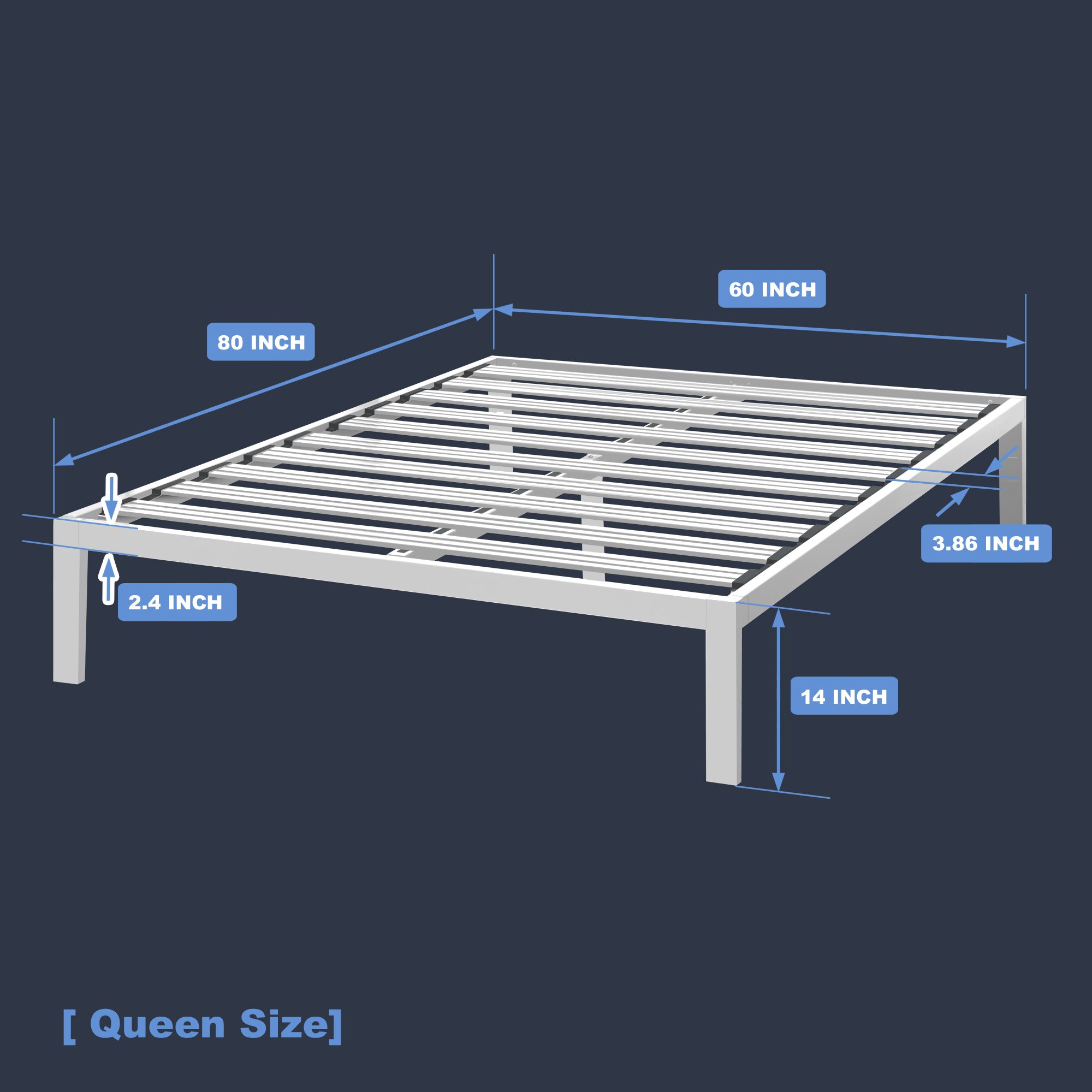 Mellow Rocky Base C 14" Platform Bed Heavy Duty Steel White, w/ Patented Wide Steel Slats (No Box Spring Needed) - Queen