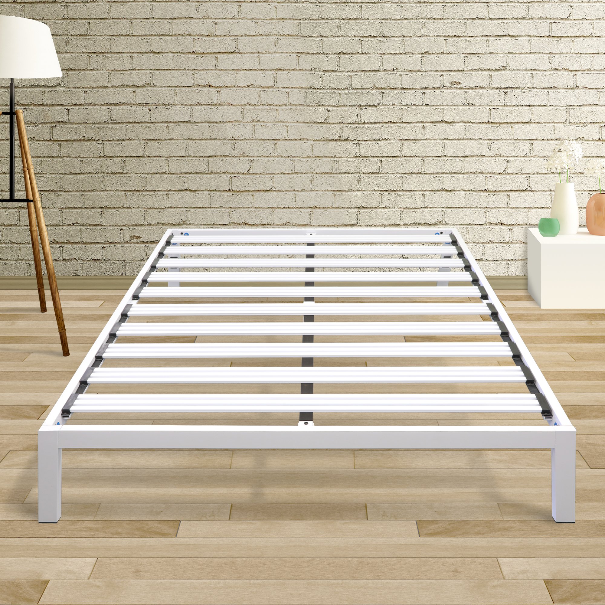 Mellow Rocky Base C 14" Platform Bed Heavy Duty Steel White, w/ Patented Wide Steel Slats (No Box Spring Needed) - Queen