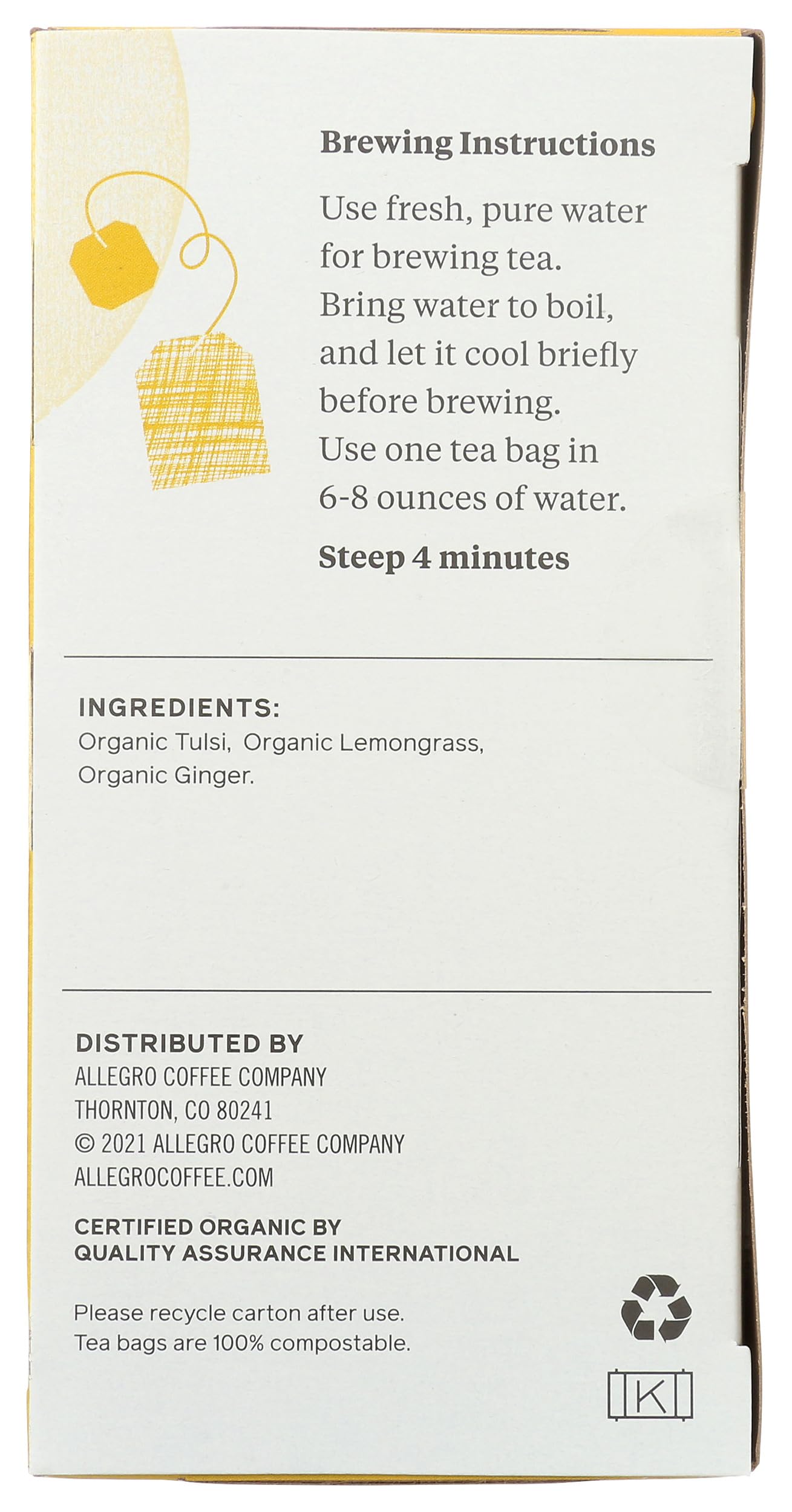 Allegro Tea, Organic Lemon Ginger Tulsi Tea Bags, 20 ct