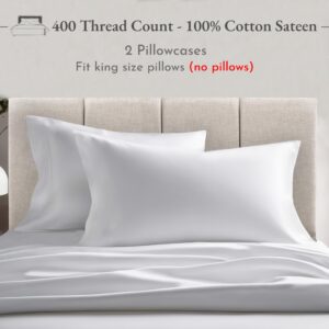 California Design Den King Size Pillowcase Set - 400 Thread Count, 100% Cotton Sateen, Luxury Set of 2 Pillow Covers, Breathable, Cooling, Soft for Comfortable Quality Sleep - Bright White