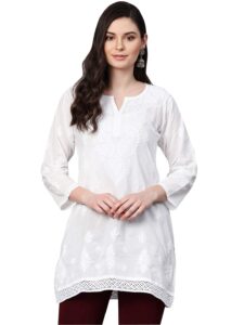 ada indian hand embroidered chikankari white cotton top tunic kurti shirt for women a208704 (x-small)