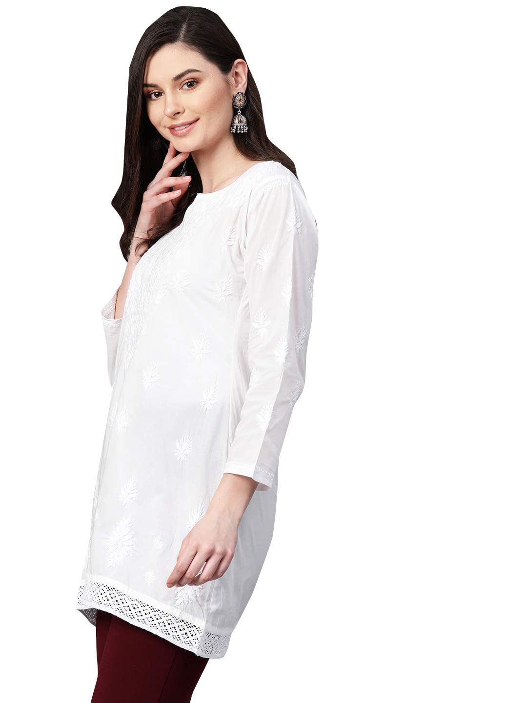 Ada Indian Hand Embroidered Chikankari White Cotton Top Tunic Kurti Shirt for Women A208704 (X-Small)