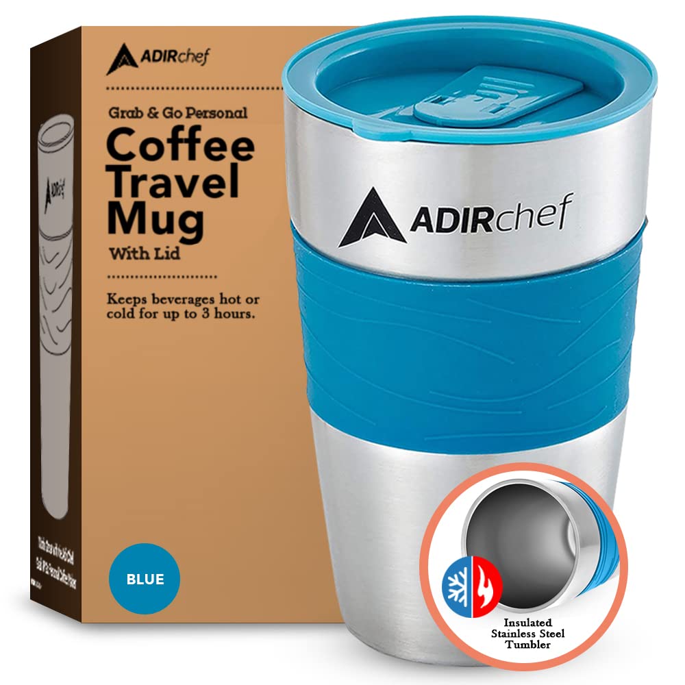 AdirChef Travel Mug 15 Oz - Insulated BPA Free Stainless Steel Vacuum Tumbler w/Spill Proof Slide Lid for Hot/Cold Drinks Great for Outdoor, Driving, Home or Office Use (Crystal Blue)