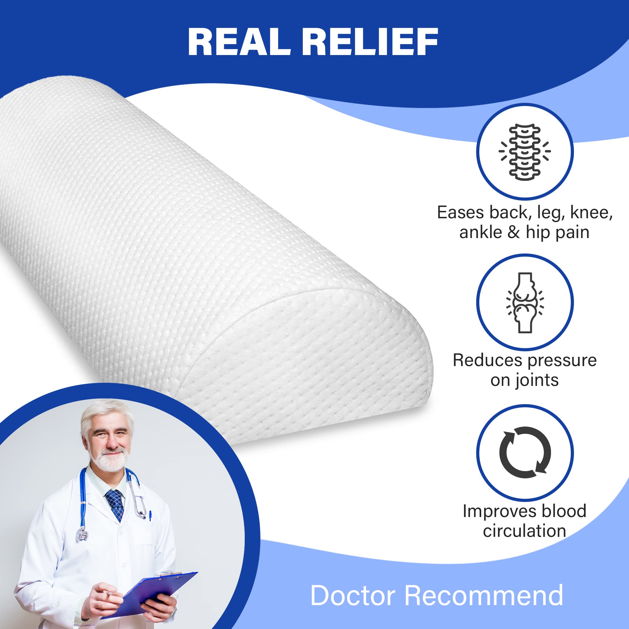 Back Pain Relief Memory Foam Pillow - Half Moon Bolster Knee Pillow for Side, Back, Stomach Sleepers - Semi Roll Round Lumbar Leg Wedge - Reduce Neck Spine Back Hip Ankle Stress - Organic Cotton Cover