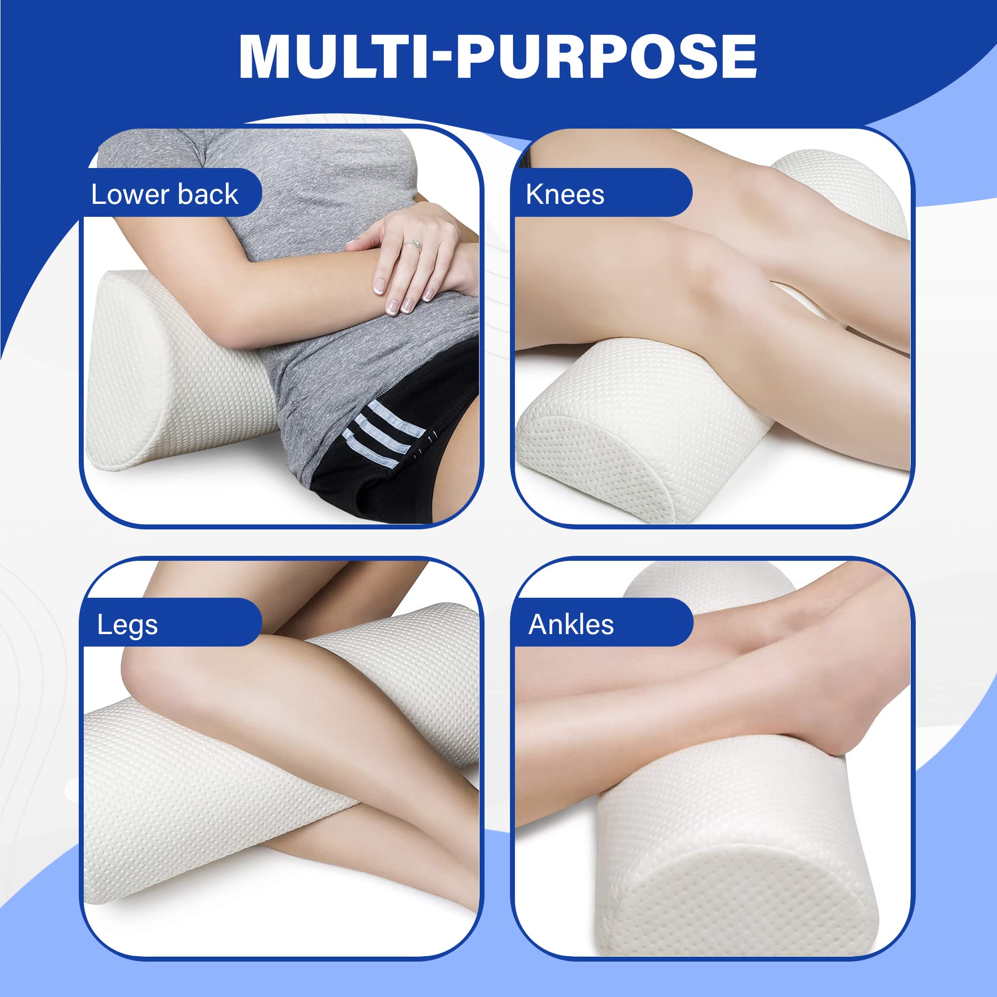 Back Pain Relief Memory Foam Pillow - Half Moon Bolster Knee Pillow for Side, Back, Stomach Sleepers - Semi Roll Round Lumbar Leg Wedge - Reduce Neck Spine Back Hip Ankle Stress - Organic Cotton Cover