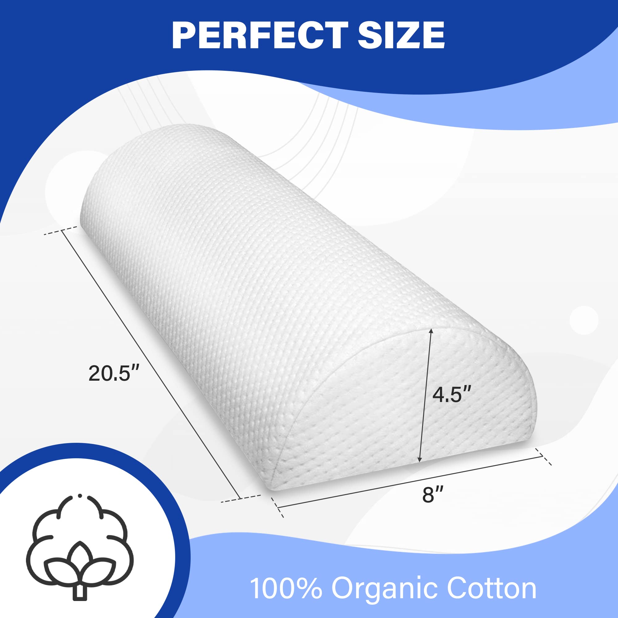 Back Pain Relief Memory Foam Pillow - Half Moon Bolster Knee Pillow for Side, Back, Stomach Sleepers - Semi Roll Round Lumbar Leg Wedge - Reduce Neck Spine Back Hip Ankle Stress - Organic Cotton Cover