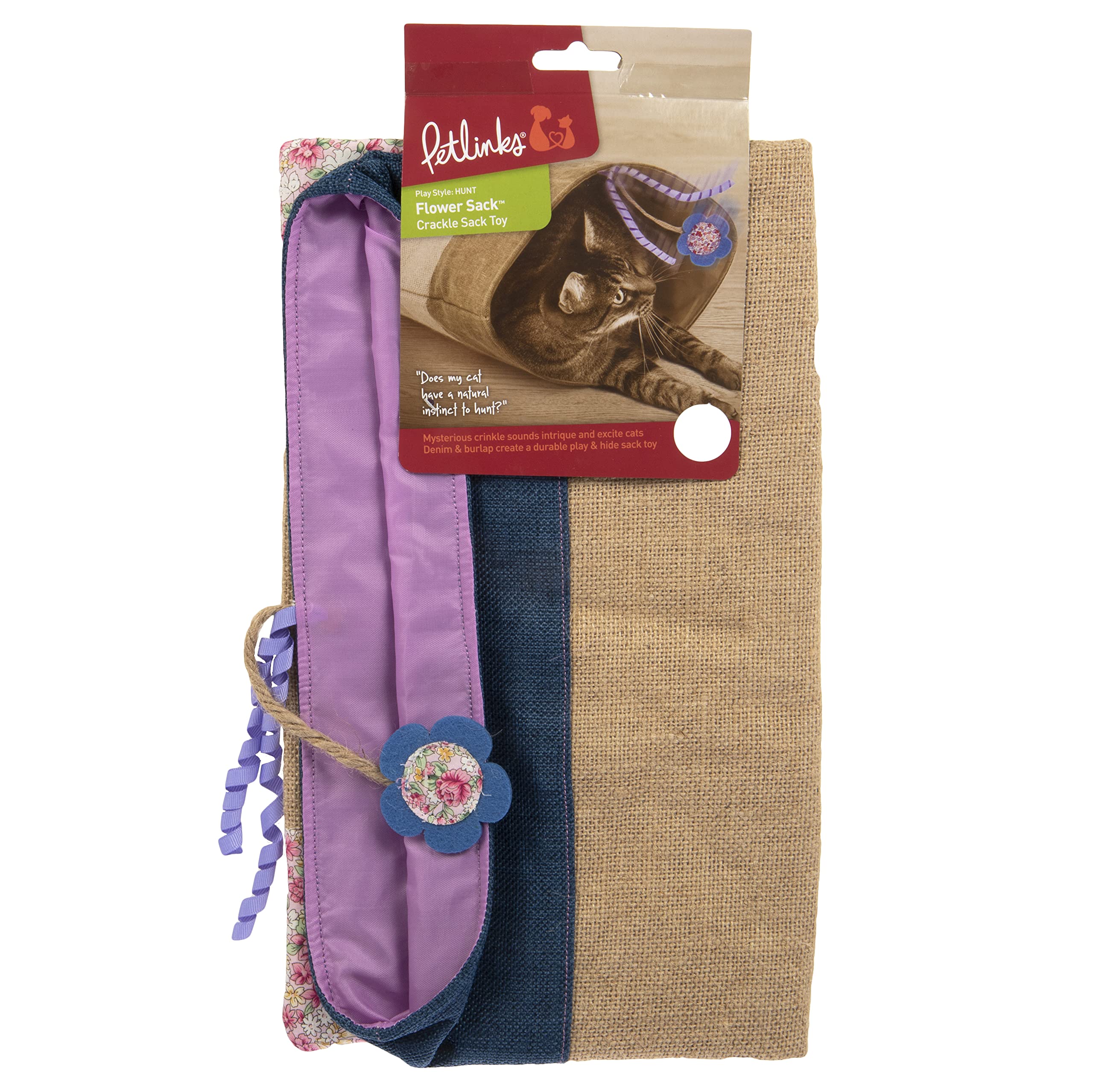 Petlinks Flower Sack Crinkle Hideout Cat Toy - Brown/Blue, One Size