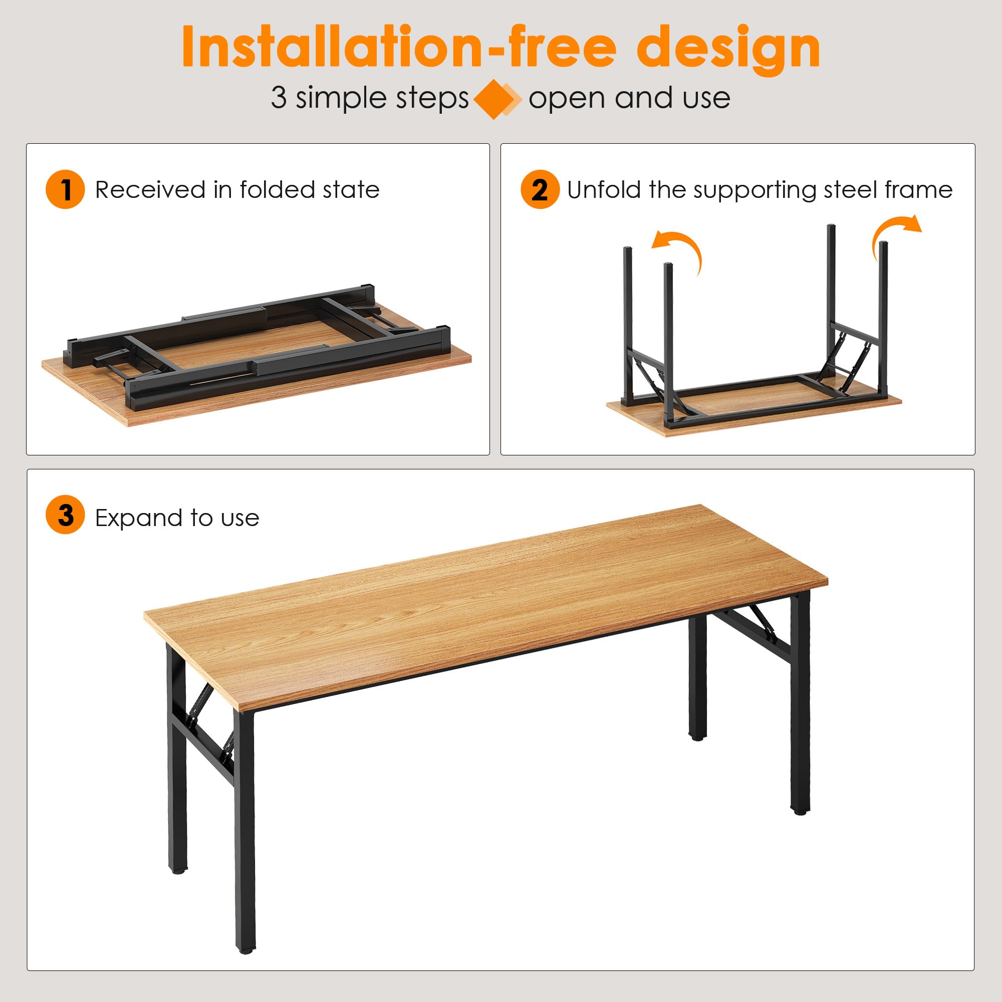 Need Computer Desk Office Desk 62 inches Folding Table with BIFMA Certification Computer Table Workstation No Install Needed, Teak AC5BB-157