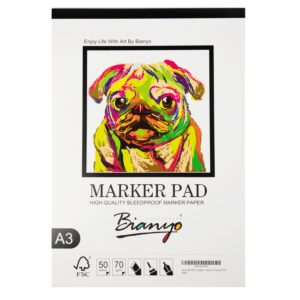 Bianyo XL Bleedproof Marker Paper Pad, A3(11.69"X16.54"), 50 Sheets, 18 LB / 70 GSM, Glue-Bound, 100% Cotton, White, Ideal for Use with Markers and Ink Mediums