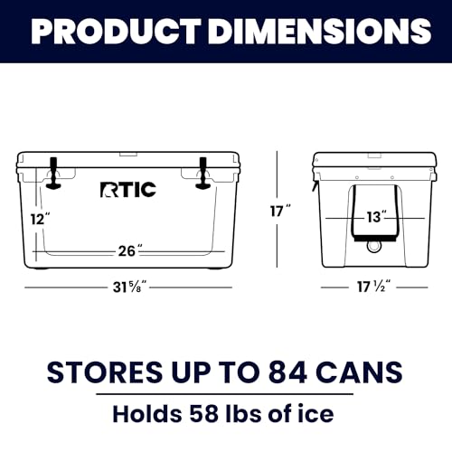 RTIC 65 Quart Ultra-Tough Hard Cooler Insulated Portable Ice Chest Box for Beach, Drink, Beverage, Camping, Picnic, Fishing, Boat, Barbecue, White