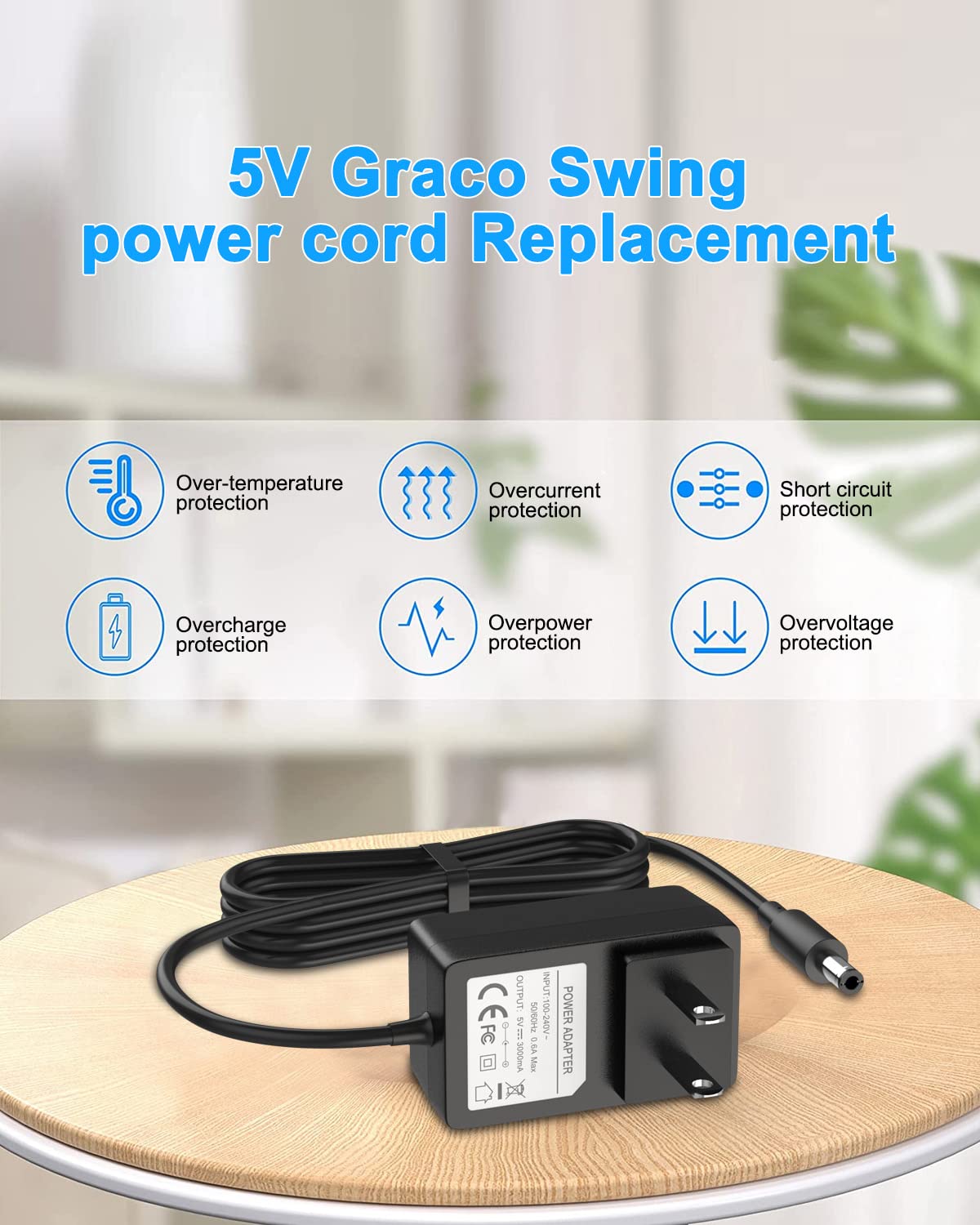 BENSN 5V Graco Simple Sway Swing Power Cord for Graco DuetSoothe, Glider LX/Elite/Premier/Petite LX, Sweetpeace, DuetConnect LX, Sweet Baby Swing Adapter, 10Ft Extra Long Cable