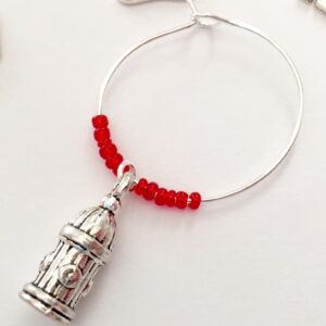 Firefighter themed Wine Charms, wine gift for fire fighter. Includes Helmet and Axe, Fire Dept Emblem, Flame, Fire Extinguisher, and Hydrant. Set of 5. RED BEADS.