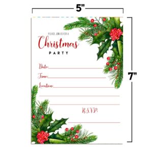 Watercolor Holly and Pine Christmas Holiday Party Invitations, 20 5"x7" Fill In Cards with Twenty White Envelopes by AmandaCreation