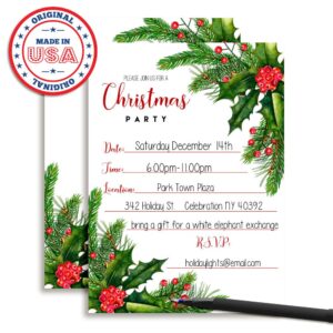 Watercolor Holly and Pine Christmas Holiday Party Invitations, 20 5"x7" Fill In Cards with Twenty White Envelopes by AmandaCreation