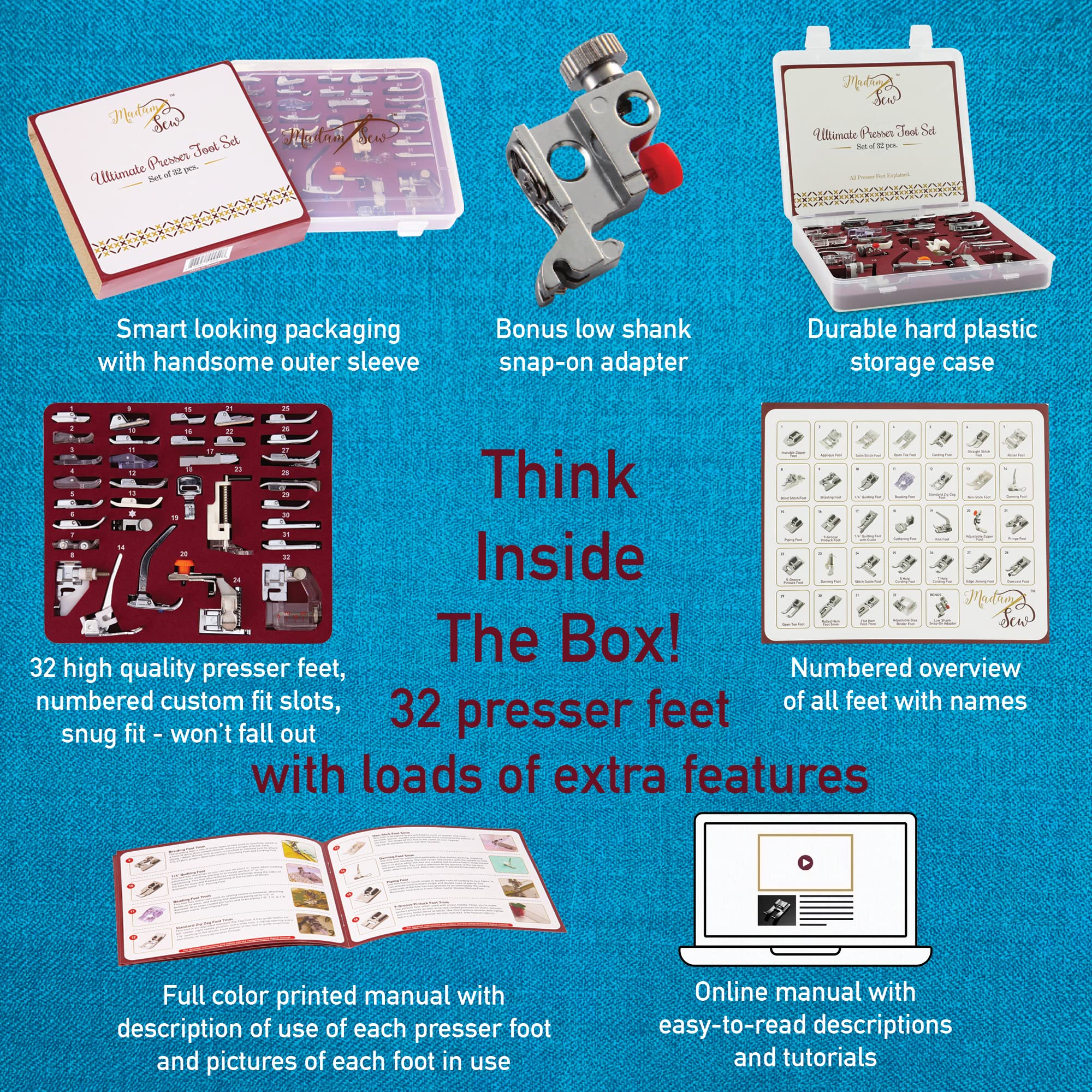 Madam Sew Presser Foot Set 32 Piece Set | The ONLY Sewing Machine Presser Foot Kit with Manual and Deluxe Storage Case | Numbered Slots for Organization | Compatible with Most Sewing Machines