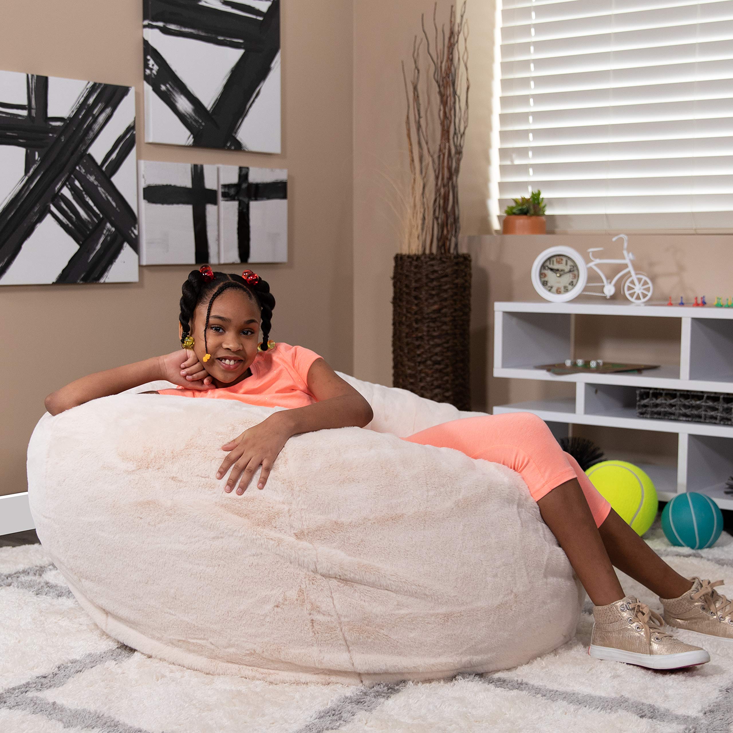 Flash Furniture Duncan Oversized Bean Bag Chair for Kids and Adults, Foam-Filled Beanbag Chair with Machine Washable Cover, White Furry