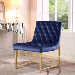 Iconic Home Moriah Accent Chair Sleek Elegant Tufted Velvet Upholstery Plush Cushion Brass Finished Polished Metal Frame, Contemporary Modern, Navy