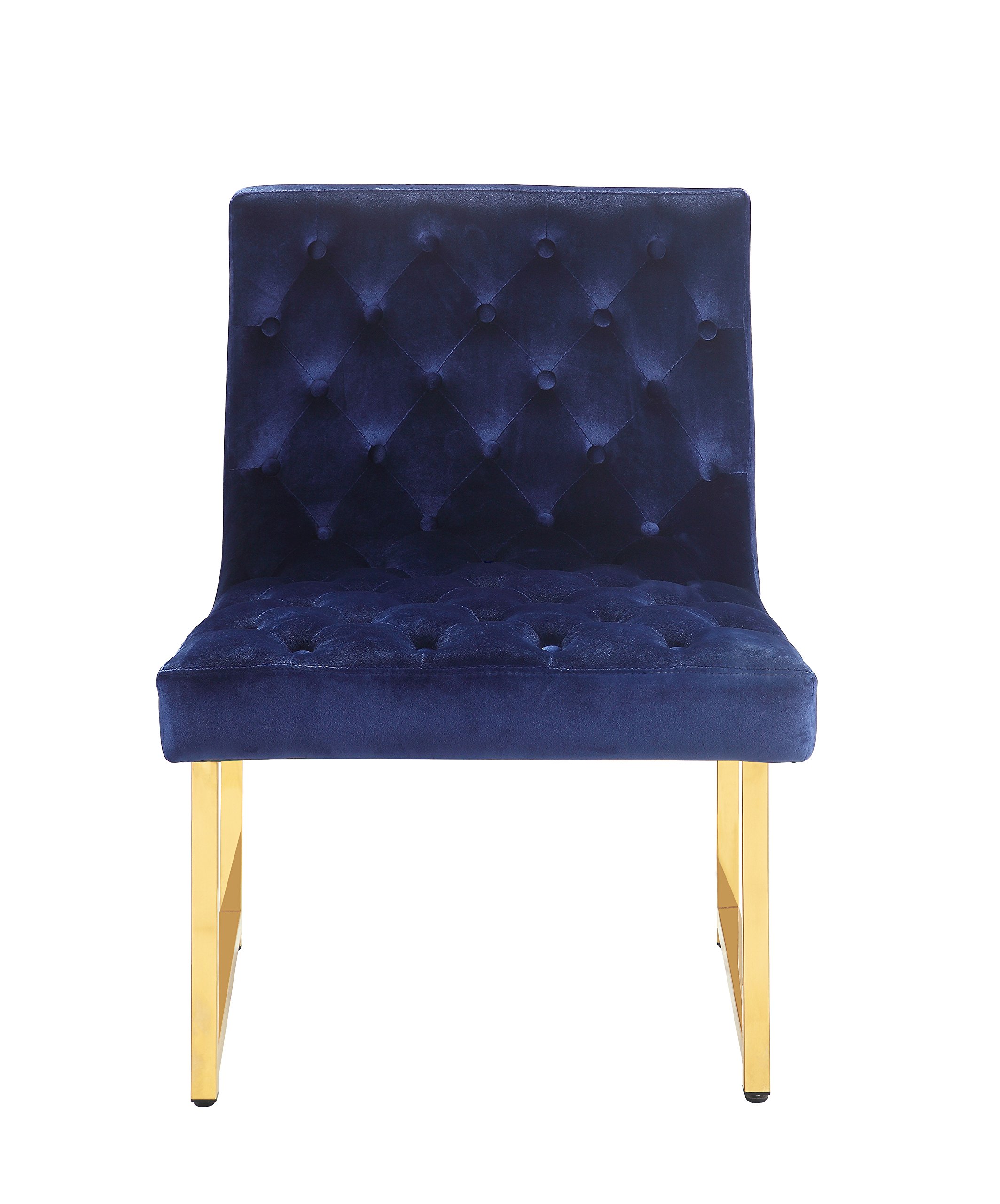 Iconic Home Moriah Accent Chair Sleek Elegant Tufted Velvet Upholstery Plush Cushion Brass Finished Polished Metal Frame, Contemporary Modern, Navy