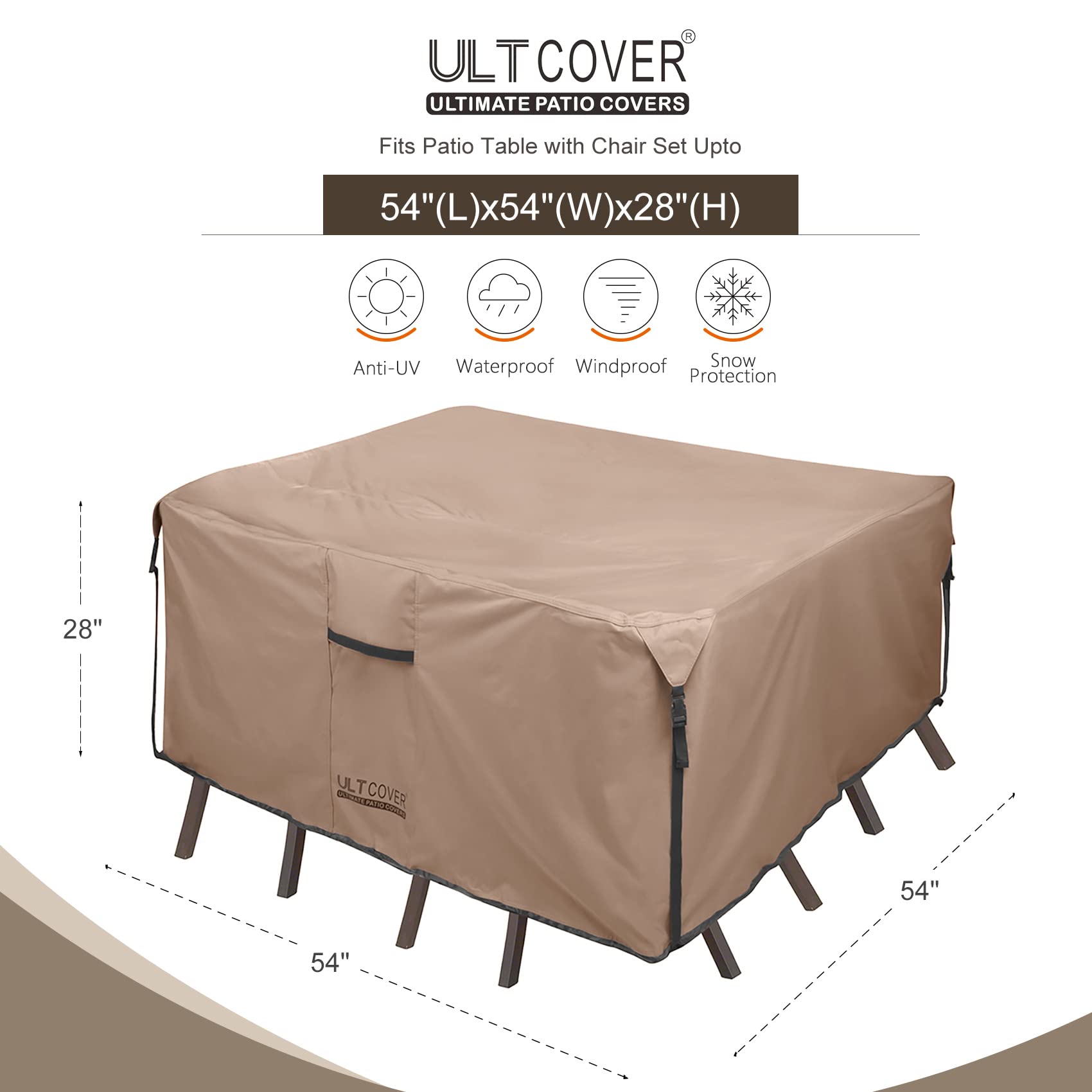 ULTCOVER Square Patio Heavy Duty Table Cover - 600D Tough Canvas Waterproof Outdoor Dining Table and Chairs General Purpose Furniture Cover Size 54 inch