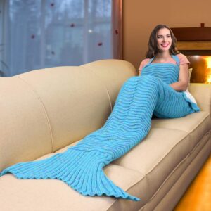 Mermaid Tail Sherpa Blanket, Super Soft Warm Comfy Sherpa-Lined Knit Mermaids with Non-slip Neck Strap, for Girls Women Adults Teens Birthday Blue