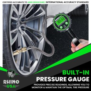 Rhino USA Digital Tire Inflator with Pressure Gauge (0-200 PSI) - ANSI B40.7 Accurate, Large 2" Easy Read Glow Dial, Premium Braided Hose, Solid Brass Hardware, Best for Any Car, Truck, Motorcycle, RV