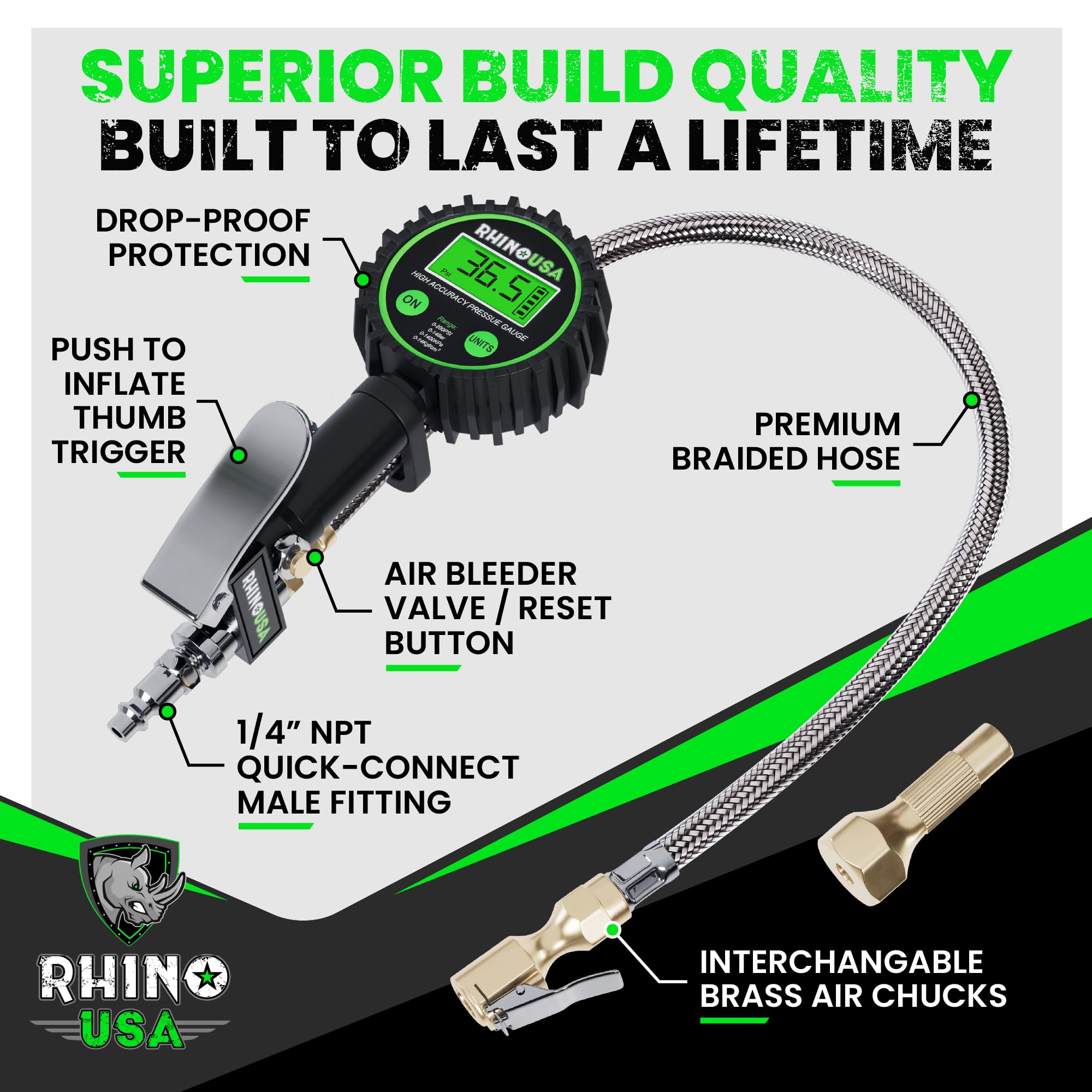 Rhino USA Digital Tire Inflator with Pressure Gauge (0-200 PSI) - ANSI B40.7 Accurate, Large 2" Easy Read Glow Dial, Premium Braided Hose, Solid Brass Hardware, Best for Any Car, Truck, Motorcycle, RV