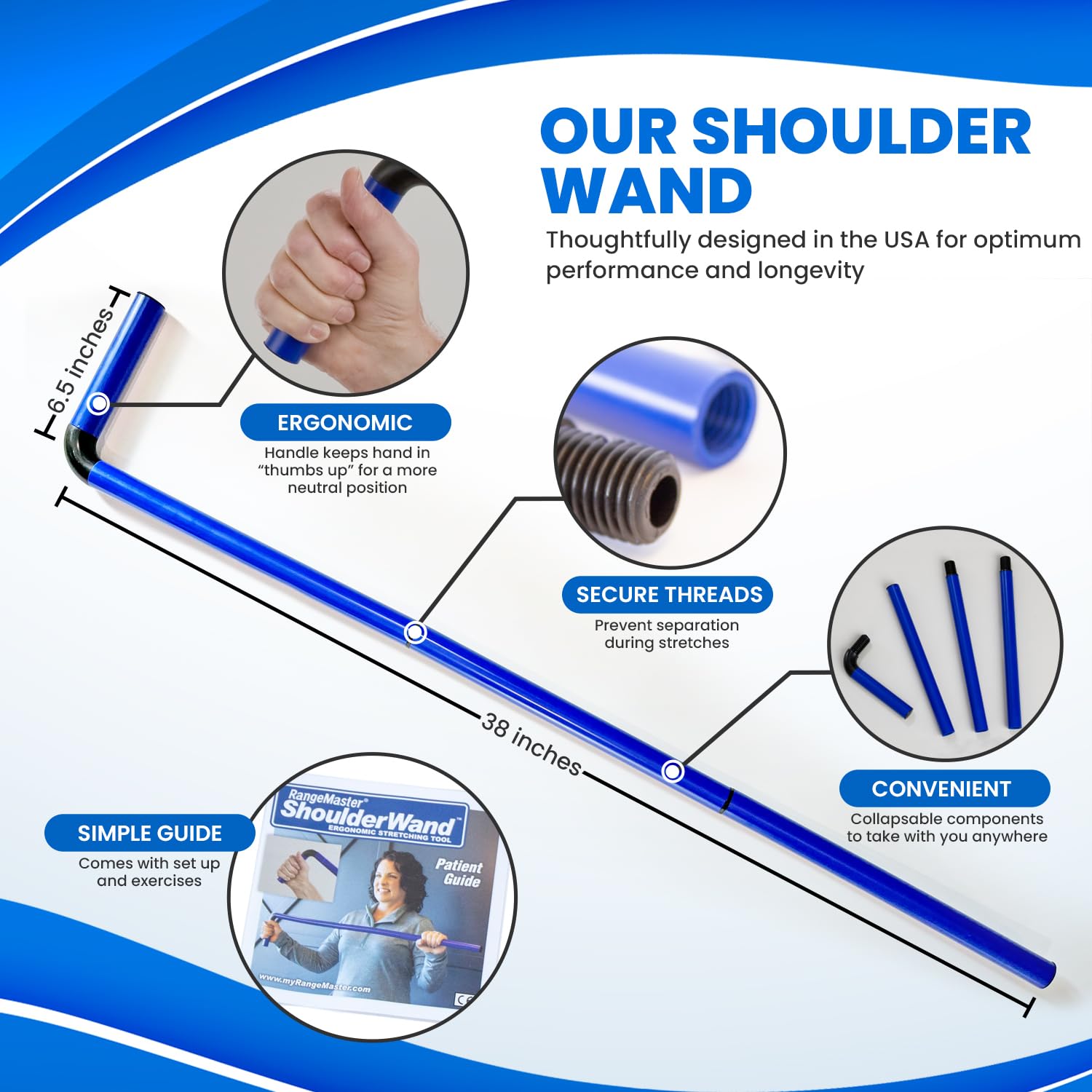 RangeMaster ShoulderWand Therapy Stretching Tool│Collapsible Stretching Bar │Physical Therapy Tool for Recovery and Increasing Motion (Blue)