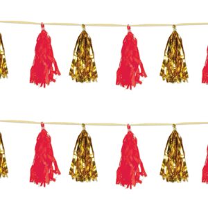 Beistle , 2 Piece Metallic and Tissue Tassel Garlands, 9.75" x 8' (Gold/Red)